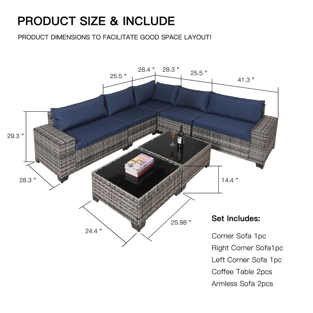 7-Piece Outdoor Patio Furniture Sets, All-Weather Wicker Rattan Sectional Sofa, Modern Two Glass Coffee Table And Washable Seat Cushion
